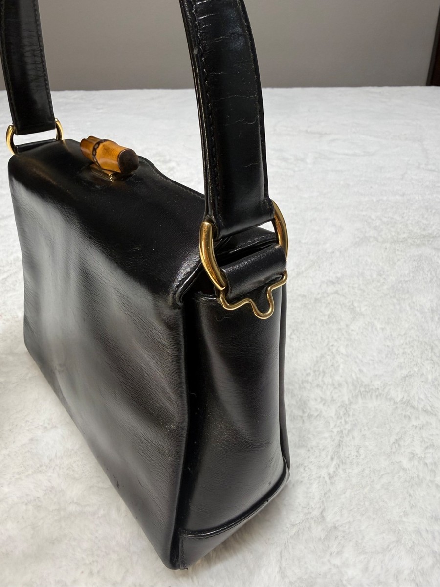 GUCCI Vintage Bamboo Turnlock Top Handle bag Leather Black | eBay