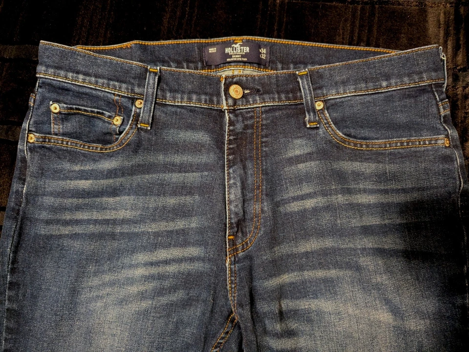 Hollister Epic Flex 蓝色牛仔裤,男式 34x32,紧身版型,深色水洗,经典 — 第 2/4 张图片