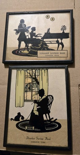 2 Vtg Donahue Savings Bank IA Ad Reverse Painted Silhouette Pictures 4 X 5
