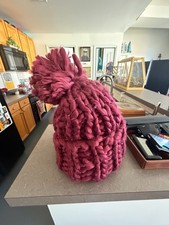 Chunky Knit Beanie Hat Big Pom Pom Knitted Winter Women's Maroon Red Hat 14 "