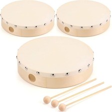 Lightweight 3-Pack 8-Inch Wood Drums with Goatskin & Beaters for All Levels