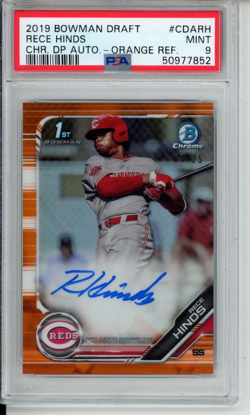 2019 Bowman Draft Chrome Draft Pick Auto Rece Hinds CDA-RH True Orange /25 PSA 9