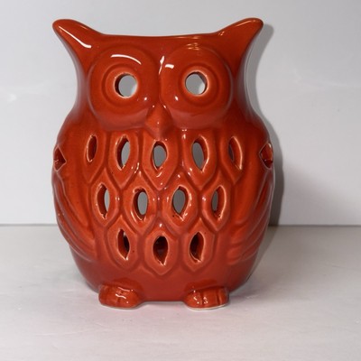 Fall Decor Bright Orange Ceramic Hoot Owl Votive Holder With Peek-a-Boo Front