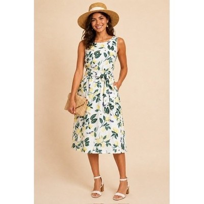 Hobbs London Lemon Print Linen Dress Sleeveless Belted Size US 8