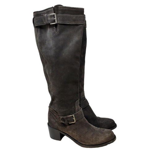 AGL 37.5 Gray Suede Tall Riding Boot Buckle Heel Chic Neutral Minimalist Career