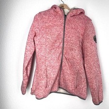 Bebe Sport Ribbed Zip Up Sweater hooded flece faux fur coat pink red Logo M