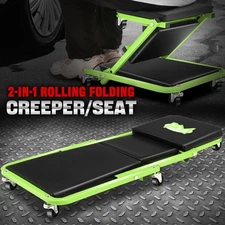 36" 2-in-1 Rolling Garage Mechanic Folding Z-Creeper Car Seat Stool Chair Green