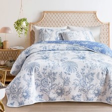 Reversible Quilt Set Full Queen Size, 3 Pieces White Blue Botanical Floral Pr...