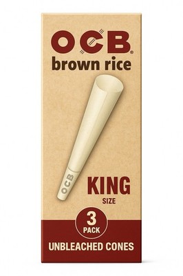 OCB Brown Rice King Size Cones   3 Pack   Unbleached Pre-Rolled   Authentic