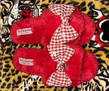 Juicy Couture Women's Red Faux Fur Slip-On Slippers Gingham Bow, Flat