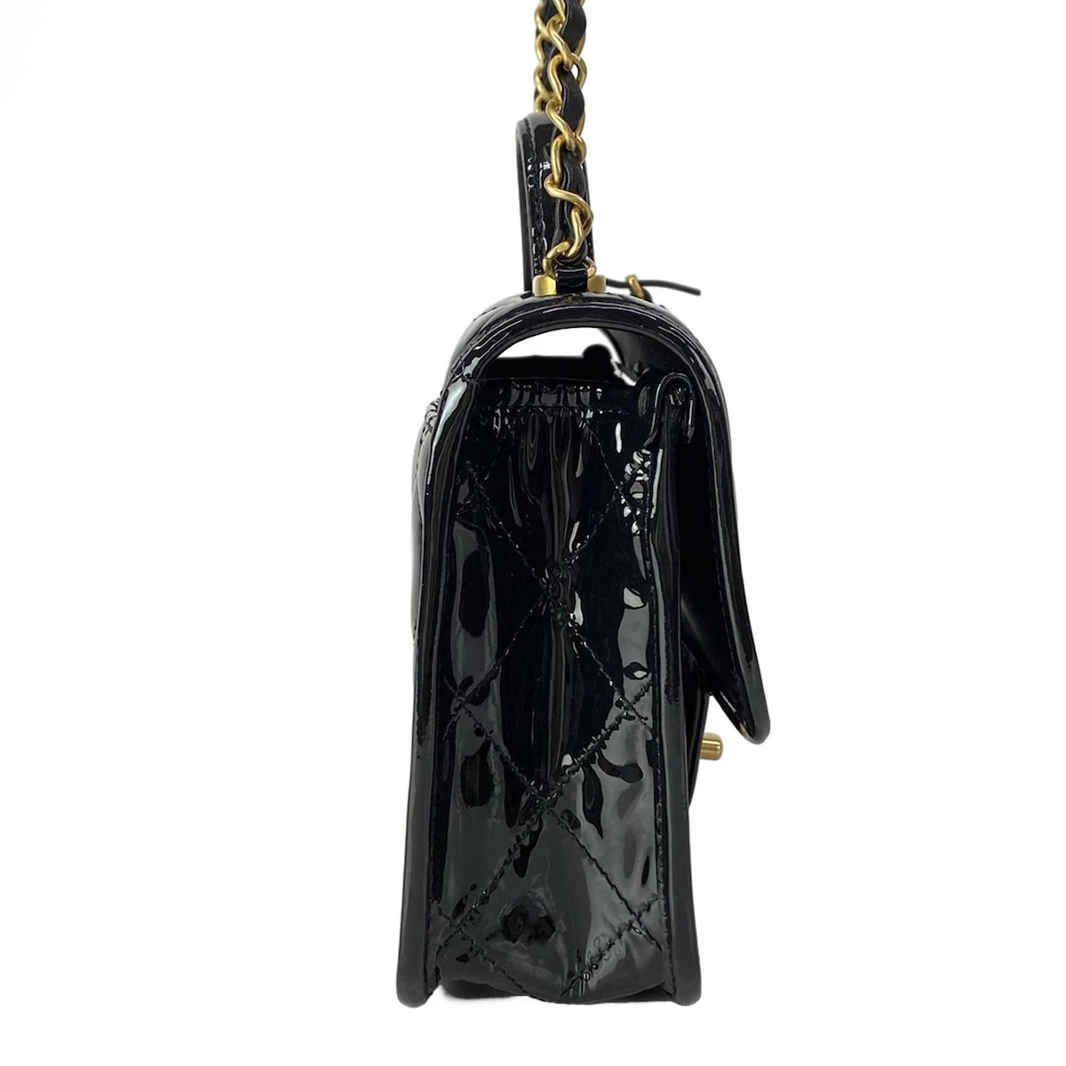 CHANEL Small Top Handle Flap Bag / Matelasse AS3652 Black Patent