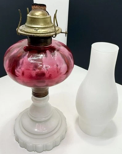 VTG Fenton Cranberry Coin Dot Melon Ribbed w/Milk Glass Base Oil Lamp Brass18.5”
