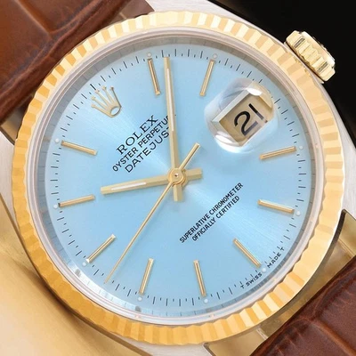 Montre Rolex Homme Datejust 16233 Ice Blue Or Jaune 18K Acier Cuir Marron - Photo 1/4
