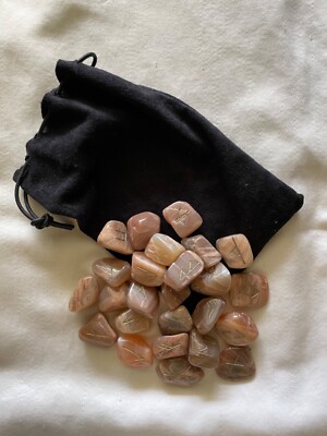 Peach Moonstone Runes Set of 25 Elder Futhark Hand Engraved & Painted 