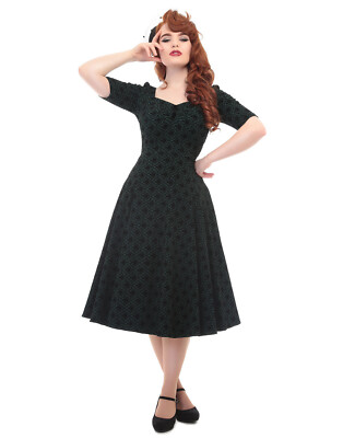 collectif christmas dress Collectif Suzanne Christmas Tree Swing Dress for Women, Green, UK 18