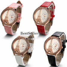 Women Leather Band Quartz Movement Numerals Eiffel Tower Round Dial Wrist Watch