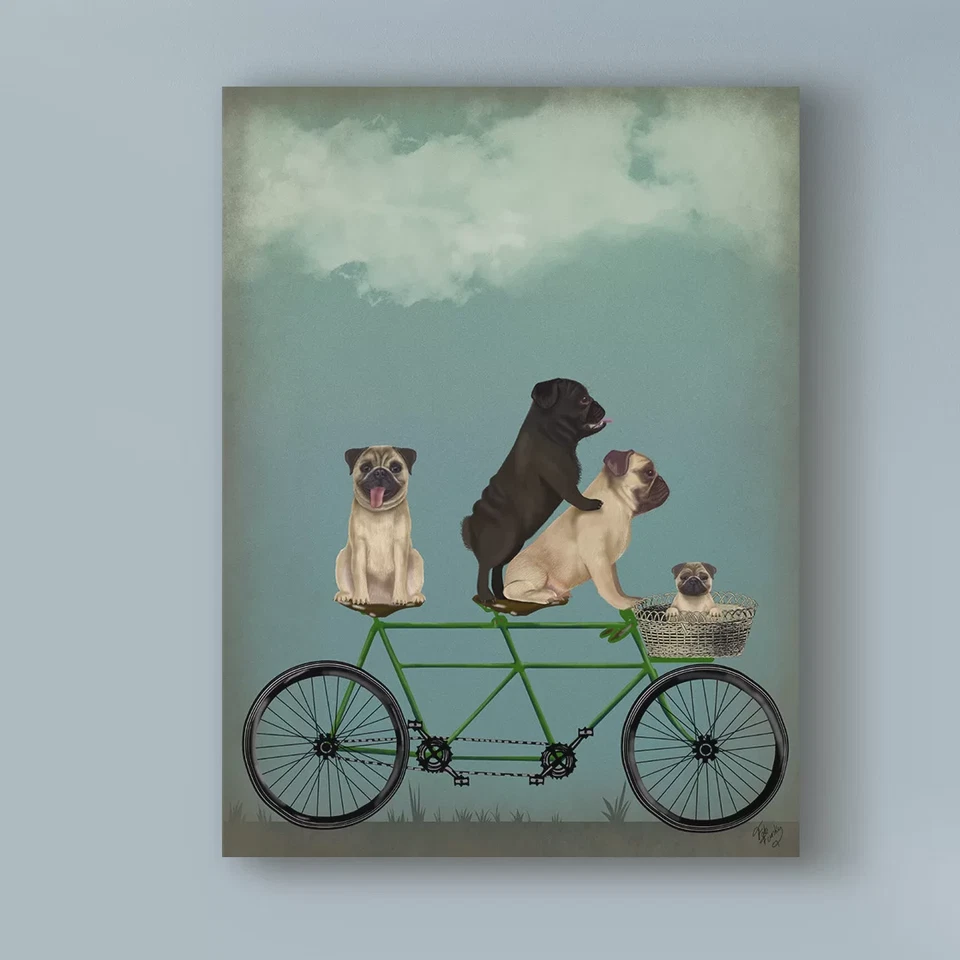 Pug Ride Four Pugs Tandem Wall Art Decor Print on Canvas  24 x 18 in - Image 2 of 4