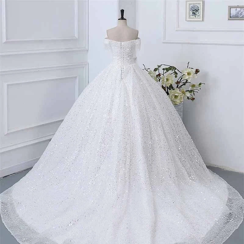 Vestido de novia blanco con hombros descubiertos de lentejuelas para novia - Vestido formal Foto 4 de 4