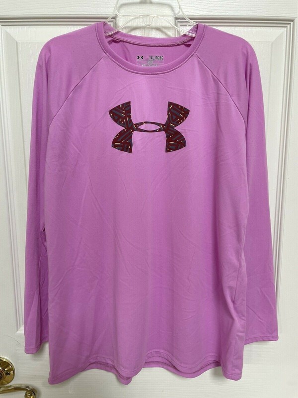 Girl's Under Armour HeatGear Pink Maroon Athletic Big Logo Top Shirt XL