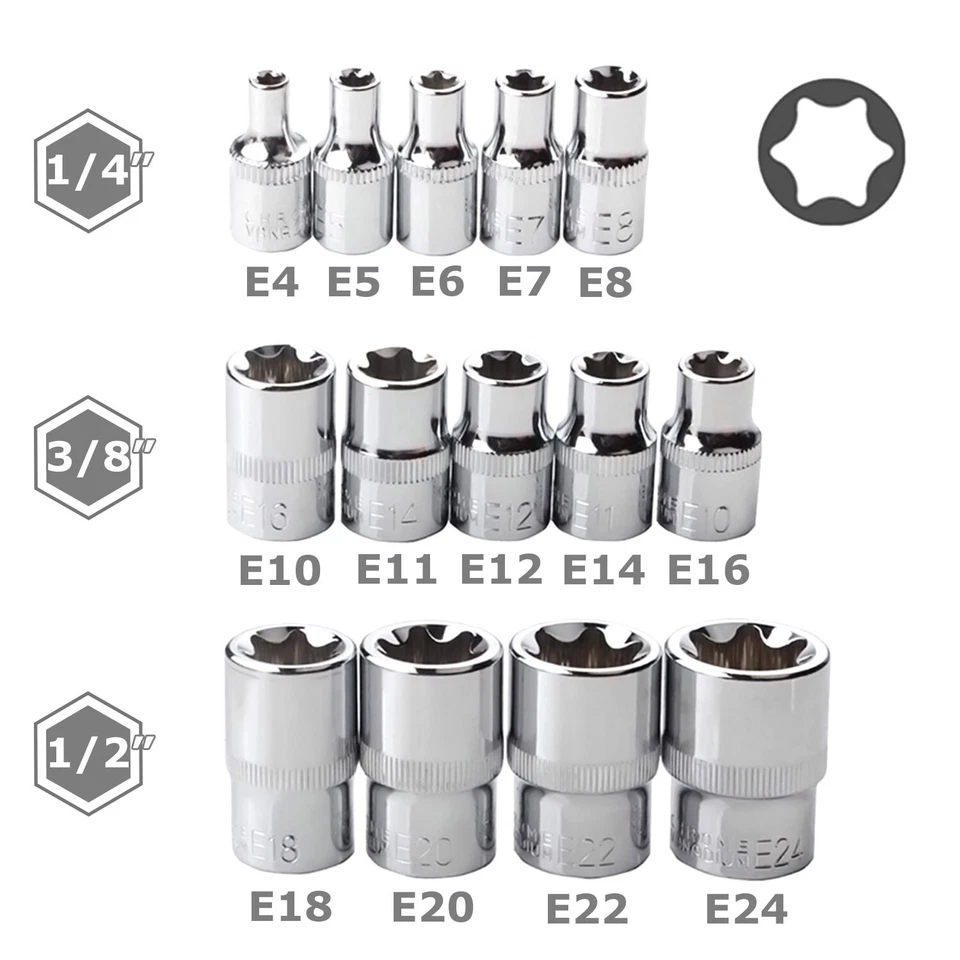 14 PCS E Torx Star Female Bit Socket Set 1/2" 3/8" 1/4" Drive E4 - E24 with Case - Image 3 of 4
