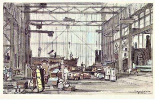 Gessner: Duisburg, große Halle der DEMAG AG, Aquarell Druck 1953