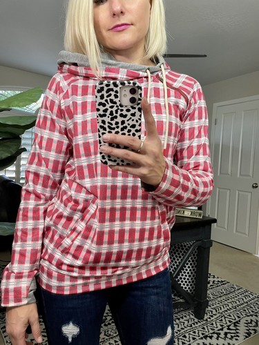 Red Cowl Neck Plaid Drawstring Hoodie 