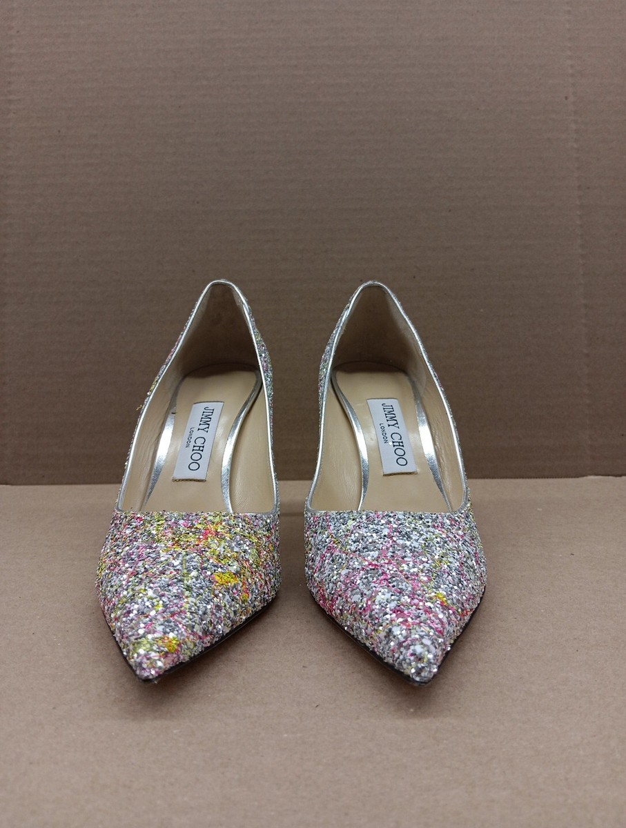 Jimmy Choo Love 85 Pump Heels- Spltterd Glitter- Multi- Size 38(US