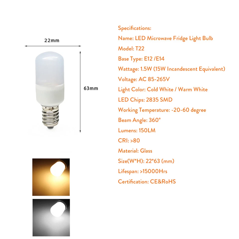 Mini E14 E12 LED Light Bulb 1.5W SMD T22 White Lamps For Refrigerator Freezer rd - Image 2 of 4