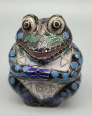 Vintage Cloisonne Frog Figurine Hand Painted Enamel Blue Dots/ floral Pattern