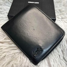 Yves Saint Laurent Ysl Men Bifold Wallet Round Zip Cassandra Black Logo Limited