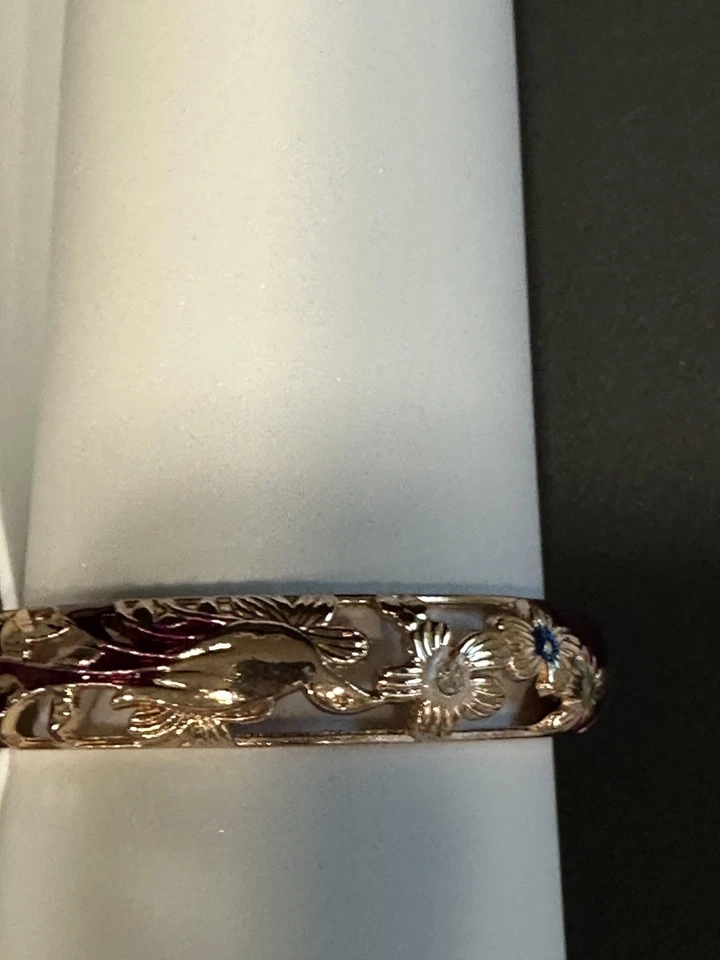 Brazalete Brazalete Bisagra Esmalte Cloisonné Tono Dorado Floral Colibrí Pájaro De Colección Foto 3 de 4