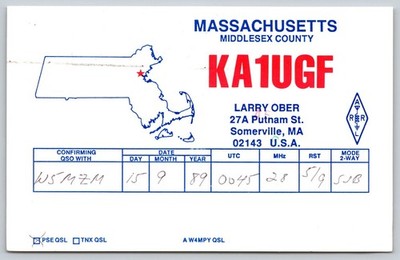 1989 KA1UGF Somerville MA Amateur Radio QSL Card W5MZM Postmarked A413