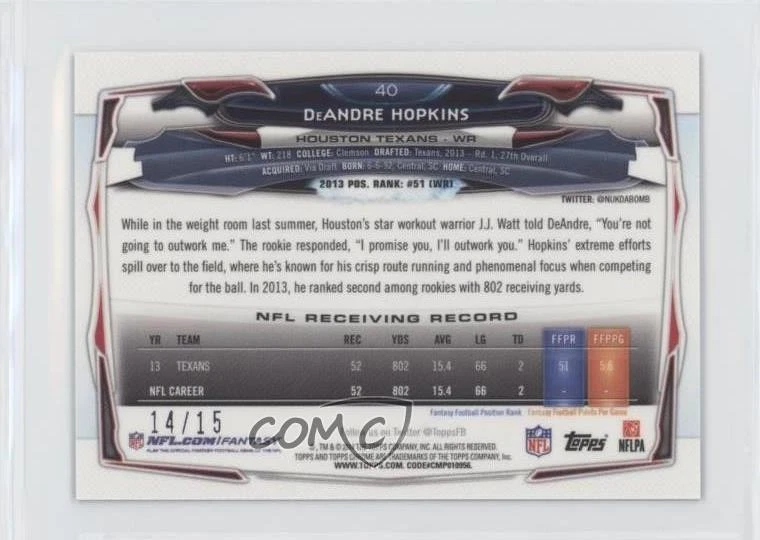 2014 Topps Chrome Mini Black Refractor /15 DeAndre Hopkins #40 - Image 2 of 2
