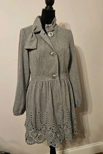 Liquid Women’s Gray Wool Blend Button Bow Lined Short Coat dress Sz 8 USA made - Picture 8 of 11