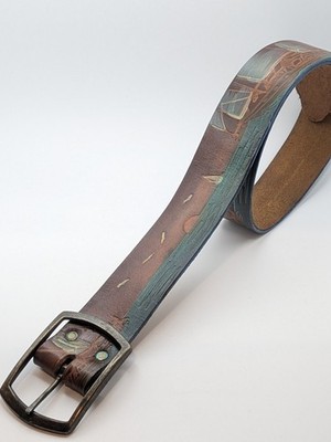 Vintage Leather Belt Hand Tooled Painted Ship Sailboat Ocean Nautical Scene 