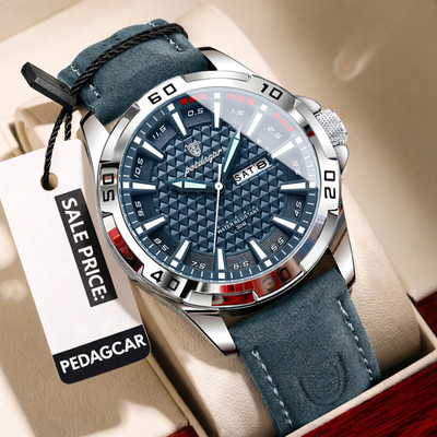 Herren uhr Edelstahl Skelett Kalender Leuchtend Wasserdicht Uhren Leder Quarz