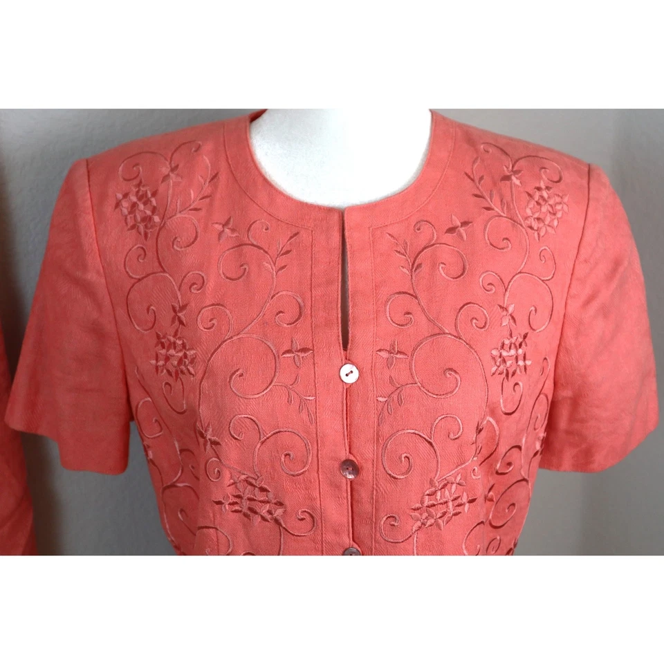 Vintage Y2K Coral Pink LINEN COTTON Midi Skirt Suit Embroidered Flowers Set 8 - Image 3 of 4