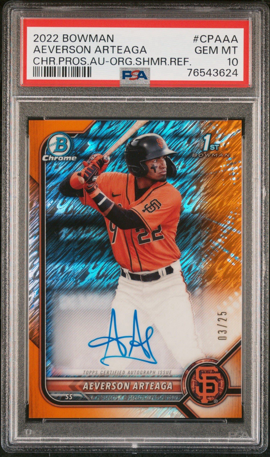 2022 Bowman Chrome #CPAAA Aeverson Arteaga - Orange Shimmer Autograph /25 PSA 10