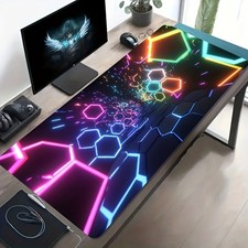 A Large Gaming Mouse Pad Featuring a Colorful Neon Hexagonal Tunnel Design Tha