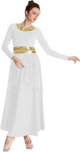 DYMCII Damen 2XL Weiß Lob Tanz Kleid Liturgisch Gold Metallic Bund - Bild 3 von 5
