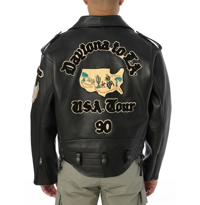 Chaqueta de motocicleta Avirex Daytona USA Tour 90 negra de cuero de vaca genuino para hombre