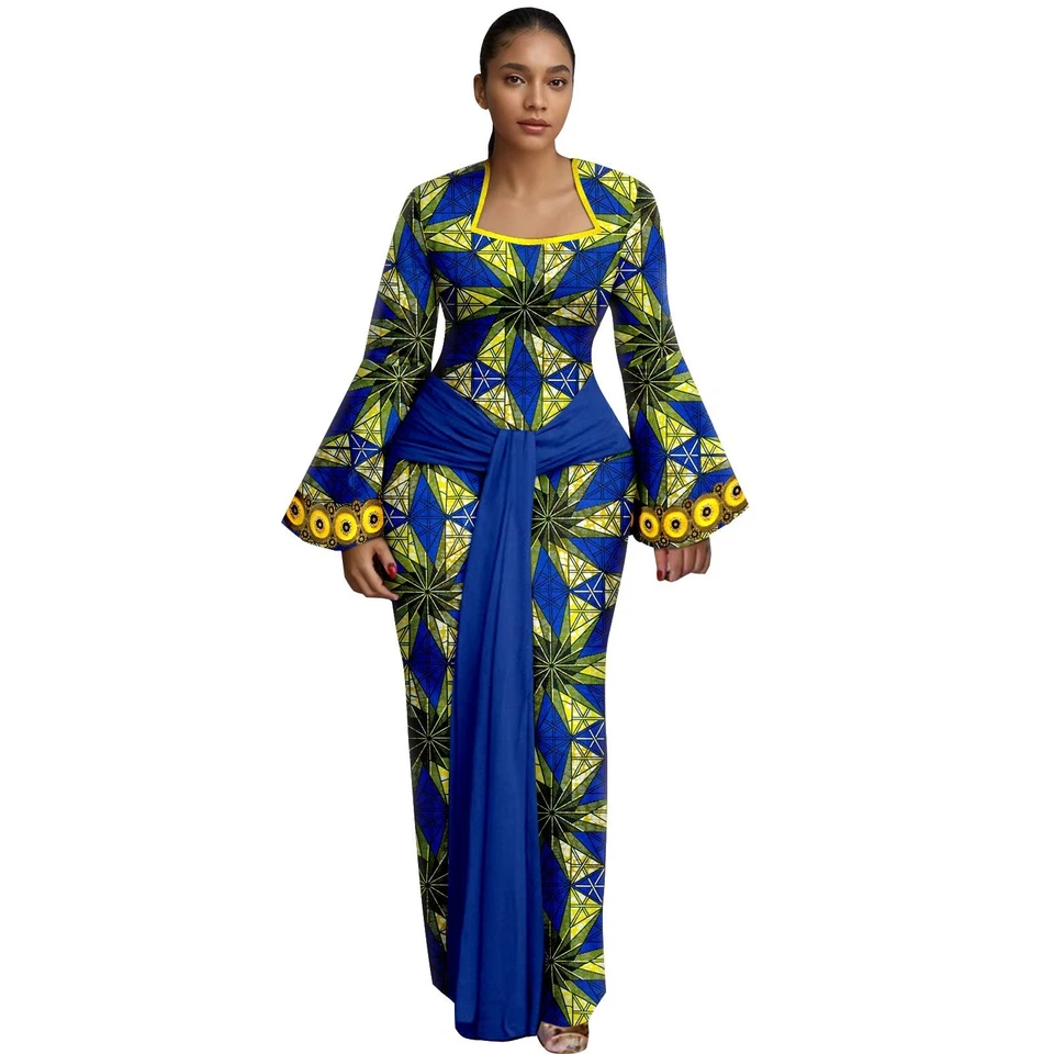 African Dress for Women Wax Print Square Collar Dress with belt 2525004 - Image 2 of 4