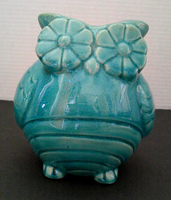 Ceramic Owl Figure - Vintage 1970s Glazed Embossed Pattern Aqua Blue Figurine