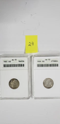 1907-P barber dime ANACS AU55  & 1909-P ANACS AU53 certified 90% silver