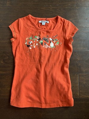 DKNY Girls T-shirt Sz M Logo Orange 4125