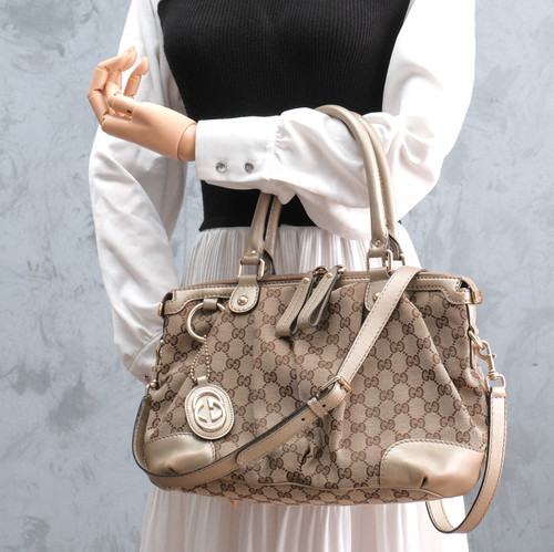 *GUCCI Sukey Tote Shoulder Hand Bag 2way GG Canvas Gold
