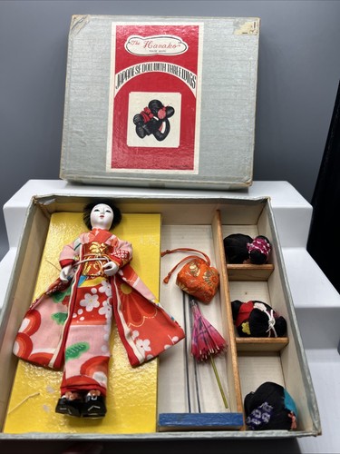 Vintage Hanako japanische Puppe mit 3 Perücken Ständer Regenschirm & Tasche - Bild 1 von 19