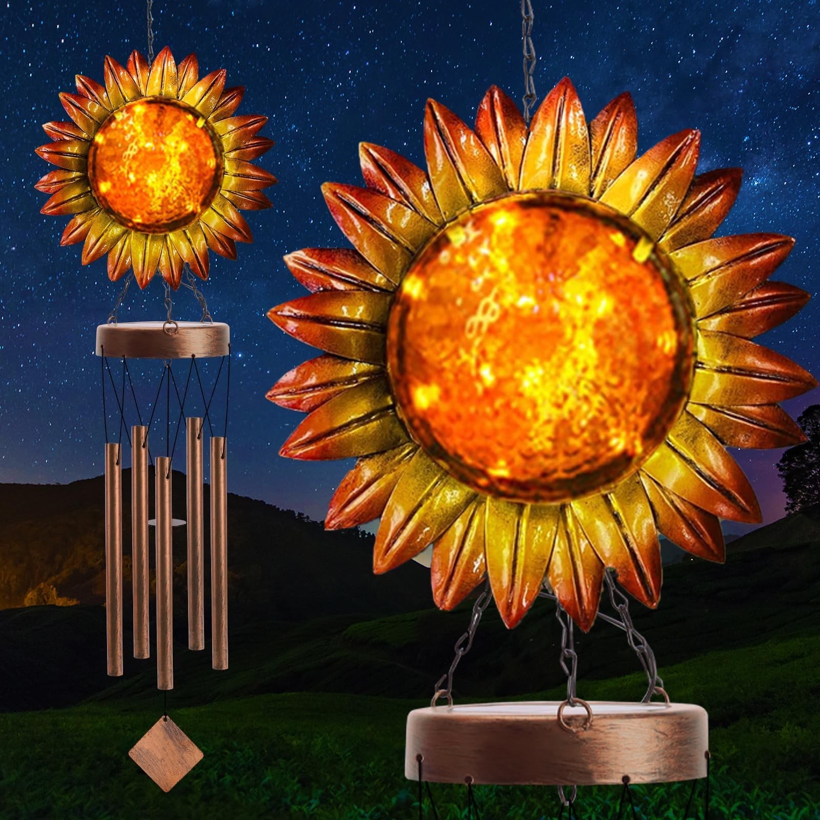 Solar Wind Chimes for Outside, Solar Sunflower Wind Chimes for Outdoor Garden...