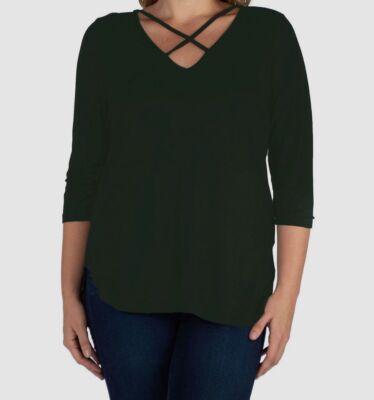 24Seven Comfort Apparel Women's Green Criss Cross Detail Tunic Top Plus Size 1X