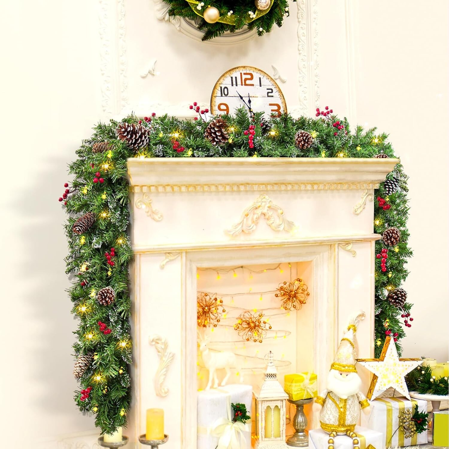 9 FT Prelit Christmas Garland with 100 LED Lights, 8 Modes 3AA Battery Operated 